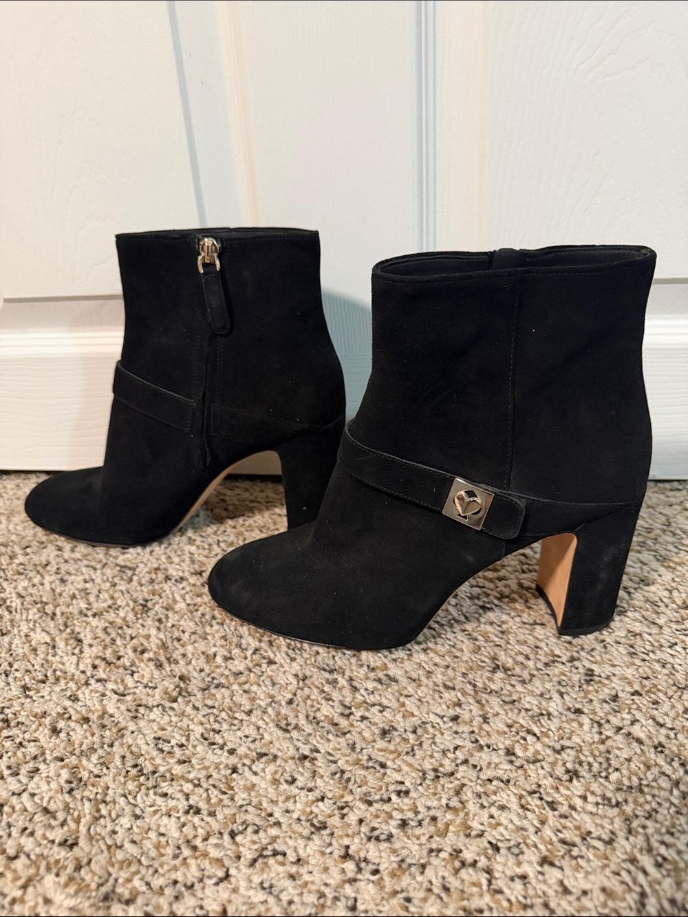 kate spade Black Suede Ankle Booties with Block Heel